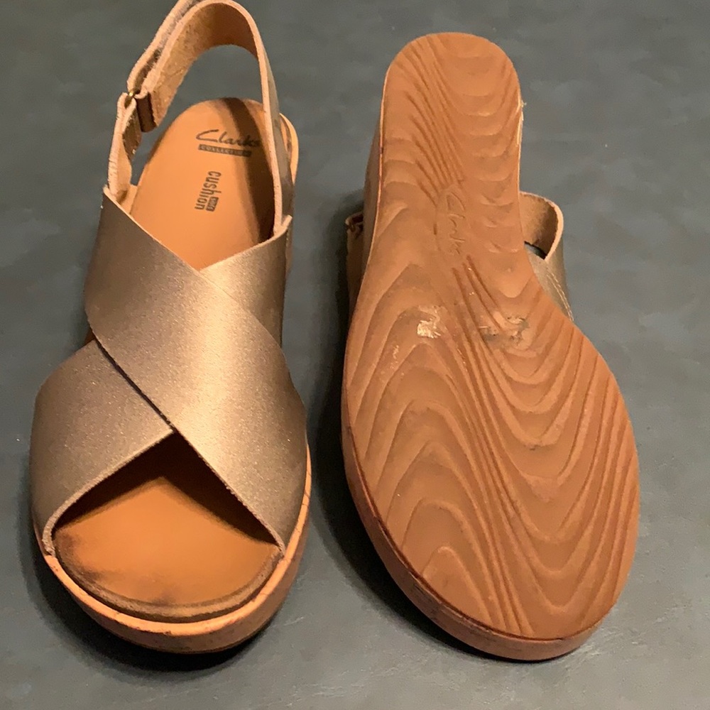 Gold Clarks platform sandals